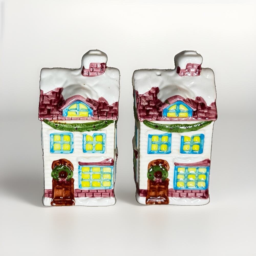 Vintage Ceramic Snow-Covered Christmas Village House Salt & Pepper Shakers Set